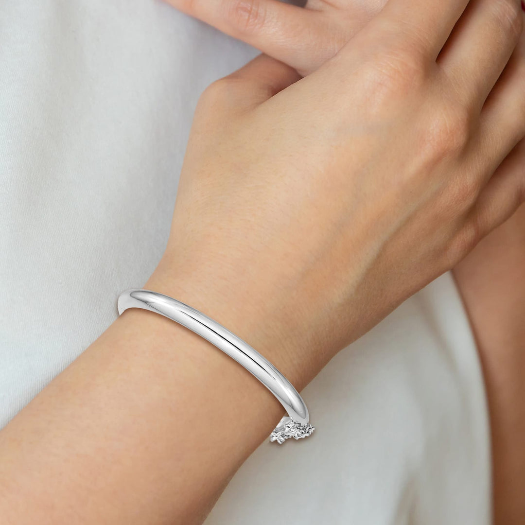 Sterling Silver 4mm Polished 42 mm Hinge Bangle with Safety Chain