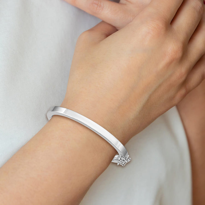 Sterling Silver 4mm Polished 45 mm Hinge Bangle with Safety Chain