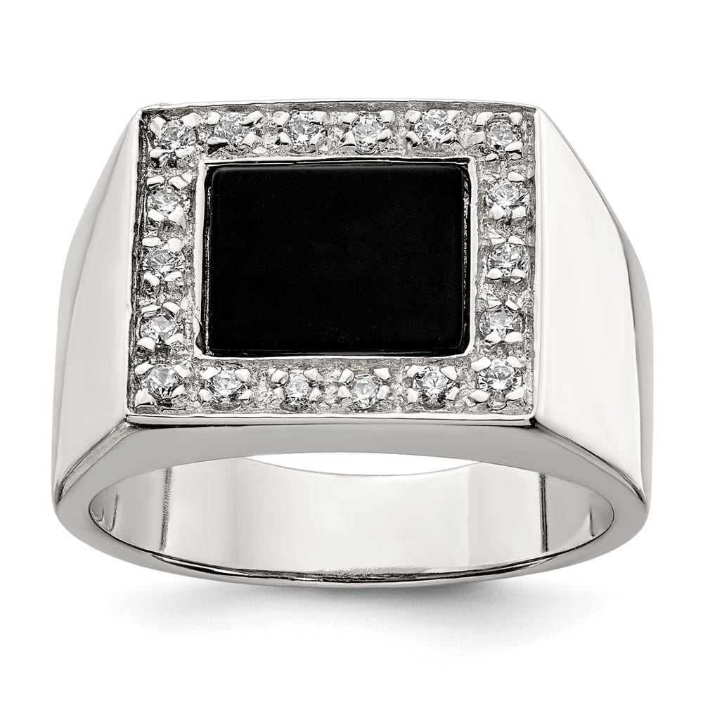 Sterling Silver 5.2 mm CZ and Onyx Men's Ring