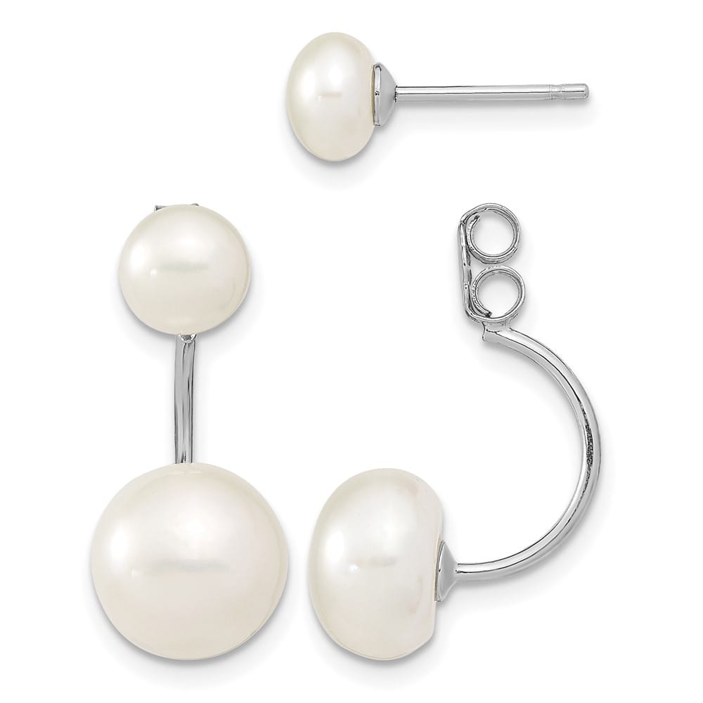 Sterling Silver 5-6mm 8-9mm White Button Pearl Post Dangle Earrings, view 1 of 4