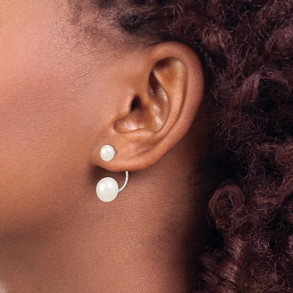 Sterling Silver 5-6mm 8-9mm White Button Pearl Post Dangle Earrings, view 3 of 4