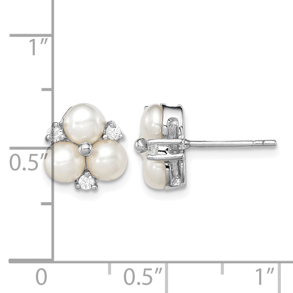 Sterling Silver 5-6mm White Button 3-Pearl and CZ Post Earrings, view 4 of 4
