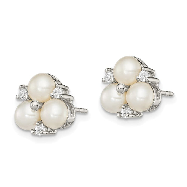 Sterling Silver 5-6mm White Button 3-Pearl and CZ Post Earrings, view 2 of 4