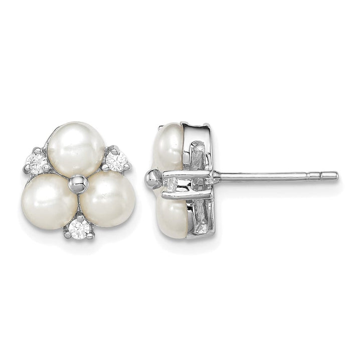 Sterling Silver 5-6mm White Button 3-Pearl and CZ Post Earrings, view 1 of 4