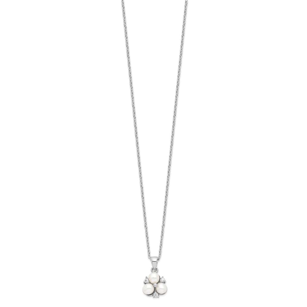 Sterling Silver 5-6mm White Cultured 3-Pearl and CZ 17 inch Necklace