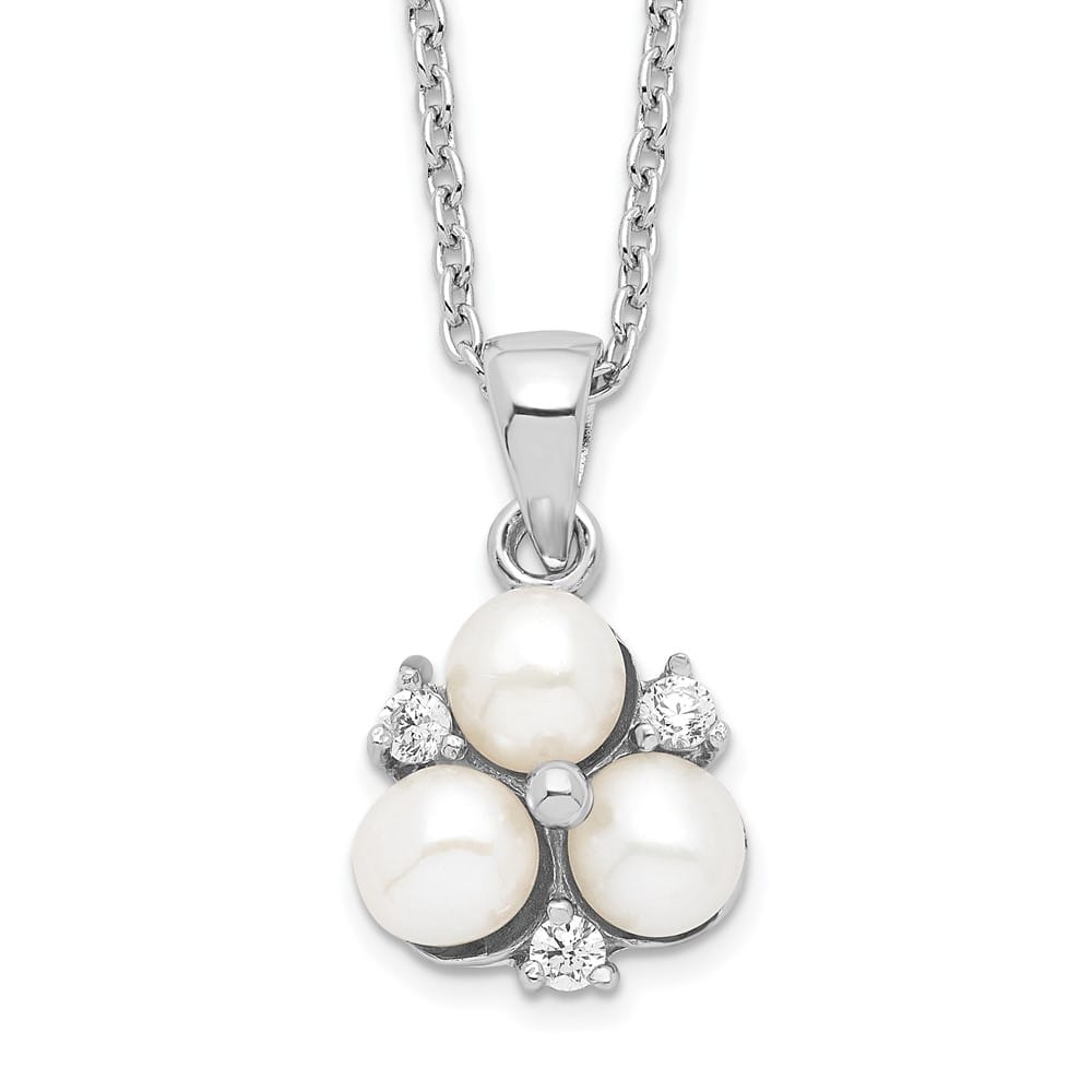 Sterling Silver 5-6mm White Cultured 3-Pearl and CZ 17 inch Necklace