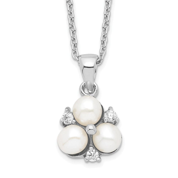 Sterling Silver 5-6mm White Cultured 3-Pearl and CZ 17 inch Necklace