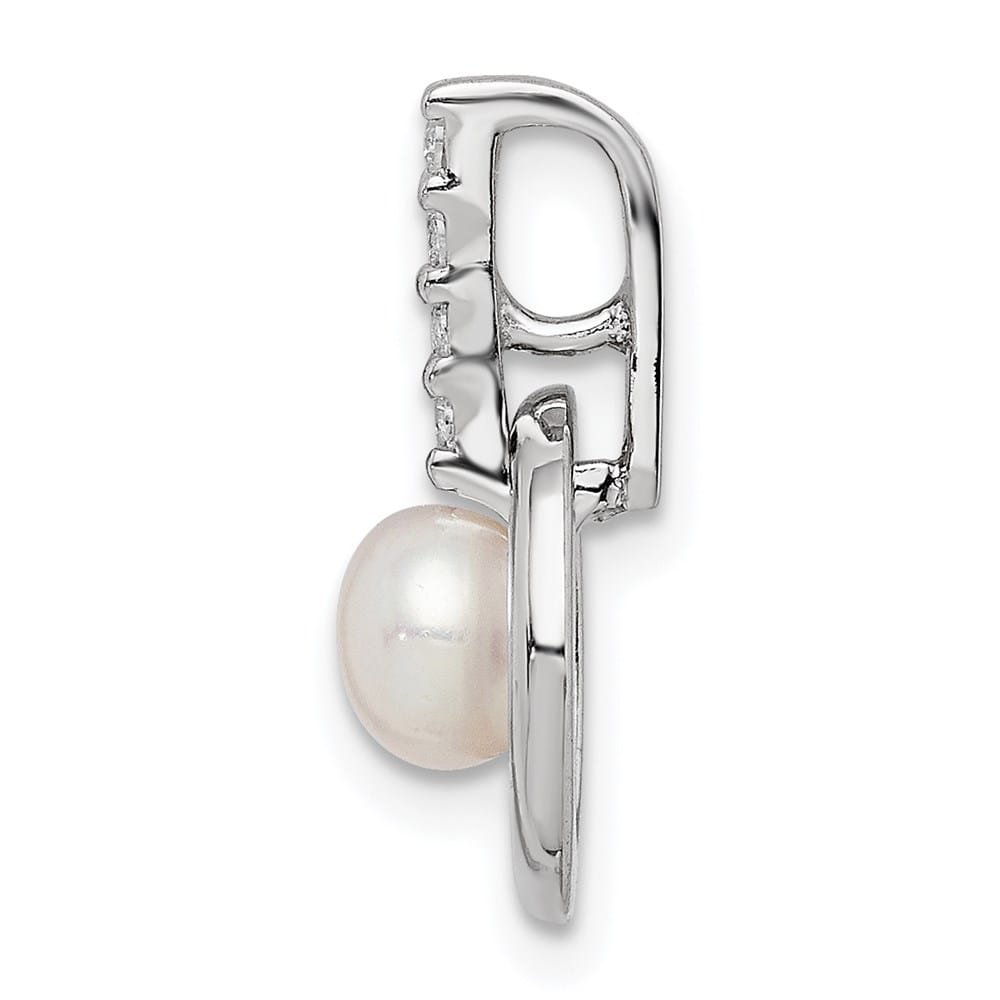 Sterling Silver 5-6mm White Freshwater Pearl and CZ Circle Chain Slide