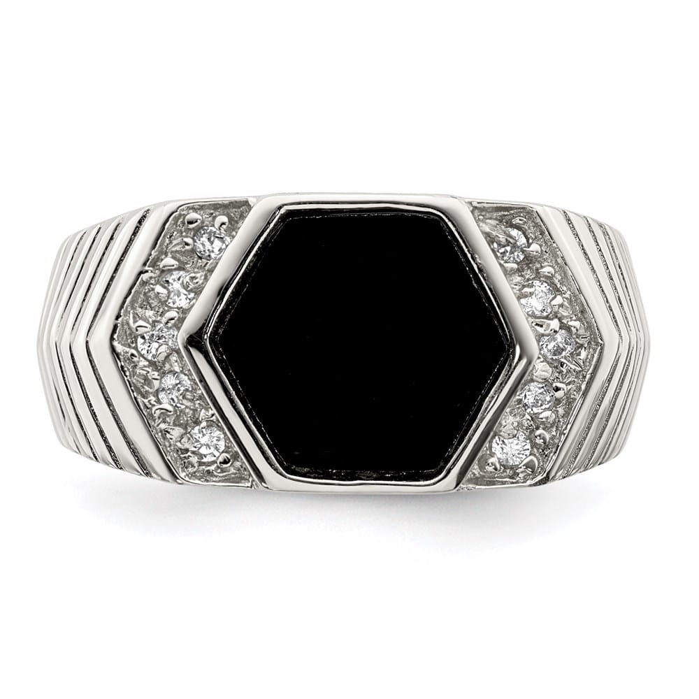 Sterling Silver 5 mm CZ and Onyx Men's Ring Size 9