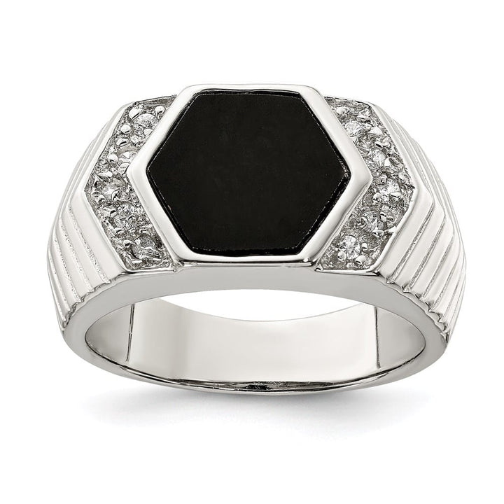 Sterling Silver 5 mm CZ and Onyx Men's Ring Size 9