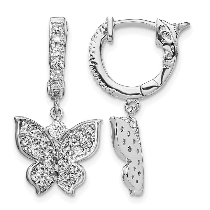 Sterling Silver 58 Stone CZ Butterfly Dangle Hinged Hoop Earrings, view 1 of 4