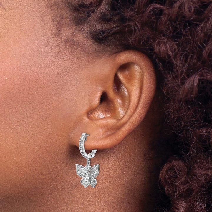 Sterling Silver 58 Stone CZ Butterfly Dangle Hinged Hoop Earrings, view 3 of 4
