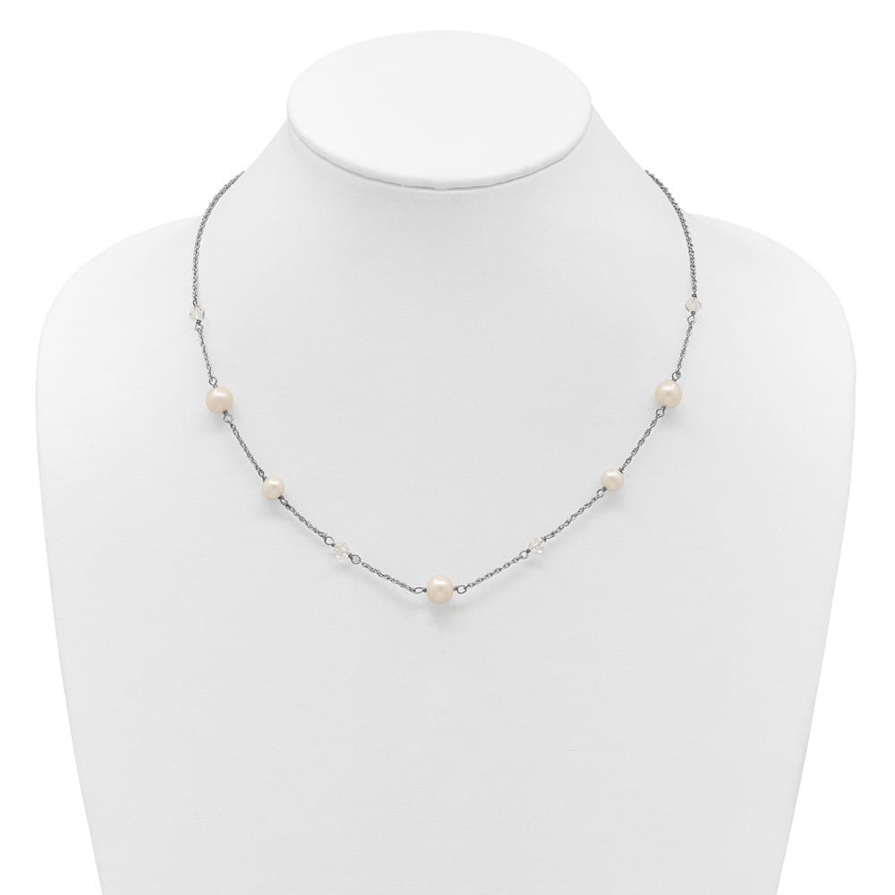 Sterling Silver 6-10mm Cultured Pearl and Glass 17.5 inch Necklace