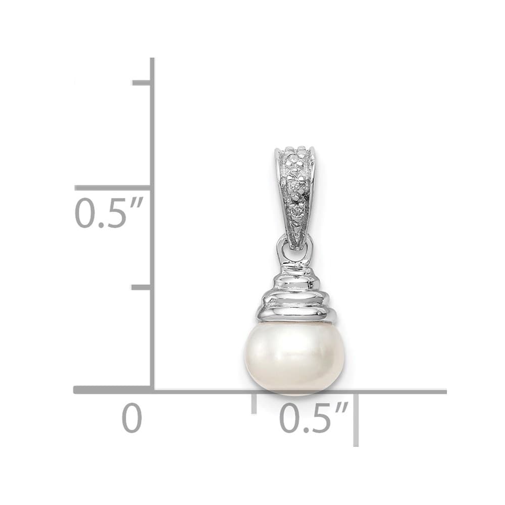 Sterling Silver 6-6.5mm White Freshwater Pearl and Diamond Pendant