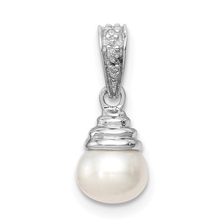 Sterling Silver 6-6.5mm White Freshwater Pearl and Diamond Pendant