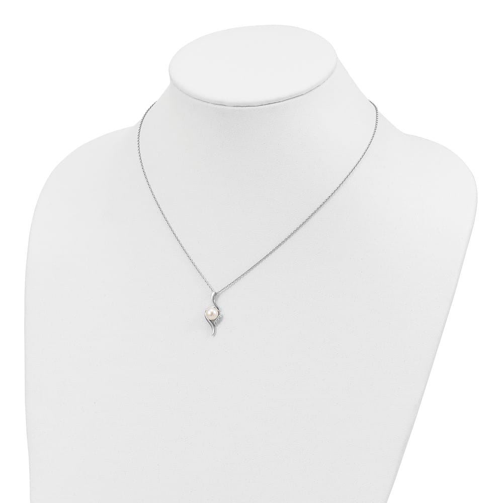 Sterling Silver 6-7mm Cultured Pearl and CZ 6-7mm 17 inch Necklace