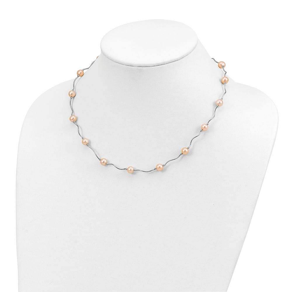 Sterling Silver 6-7mm Pink Cultured Pearl 17-Station 18 inch Necklace