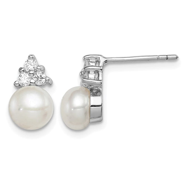 Sterling Silver 6-7mm White Button Pearl and CZ Post 11 mm Earrings, view 1 of 4