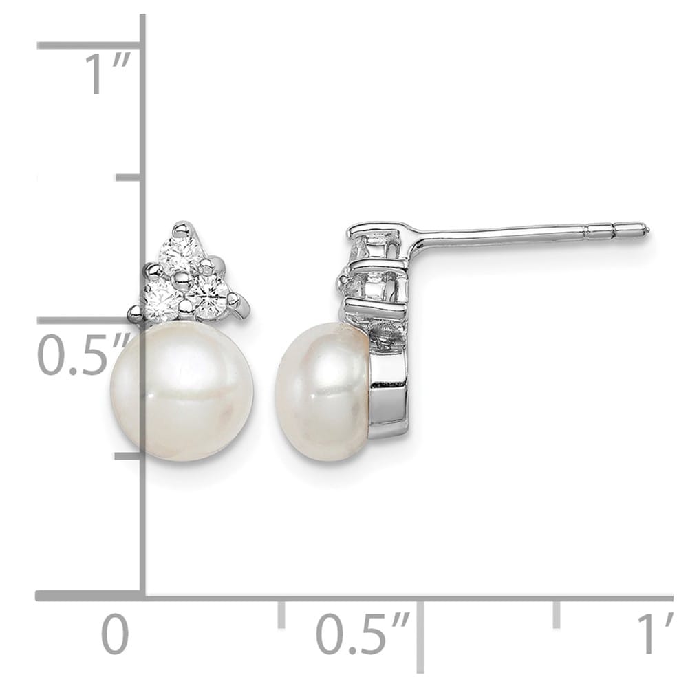 Sterling Silver 6-7mm White Button Pearl and CZ Post 11 mm Earrings, view 4 of 4
