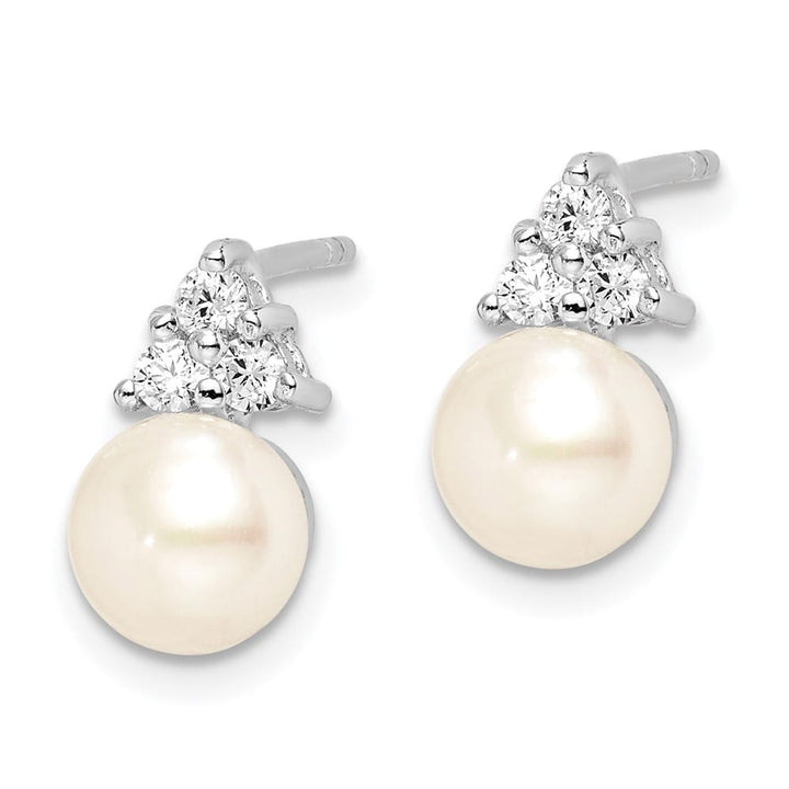 Sterling Silver 6-7mm White Button Pearl and CZ Post 11 mm Earrings, view 2 of 4