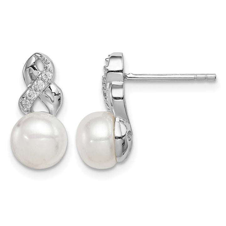 Sterling Silver 6-7mm White Button Pearl and CZ Post 13 mm Earrings, view 1 of 4