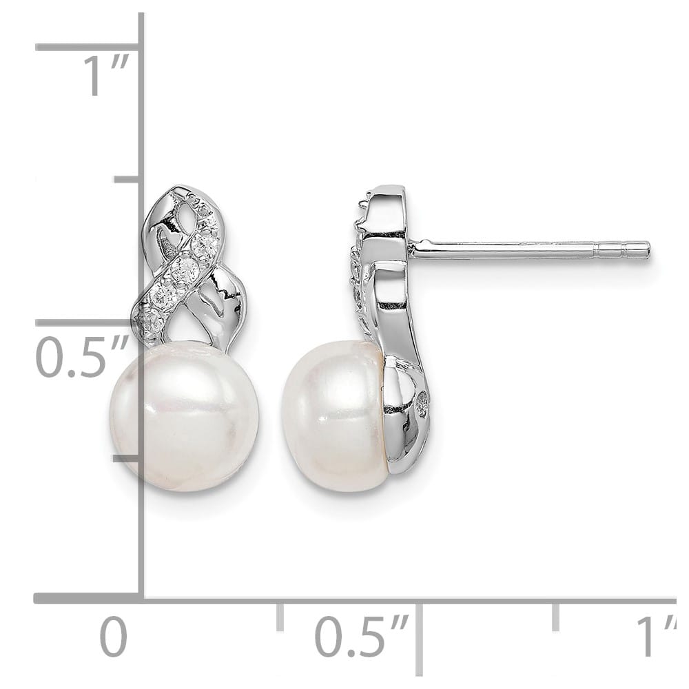 Sterling Silver 6-7mm White Button Pearl and CZ Post 13 mm Earrings, view 4 of 4