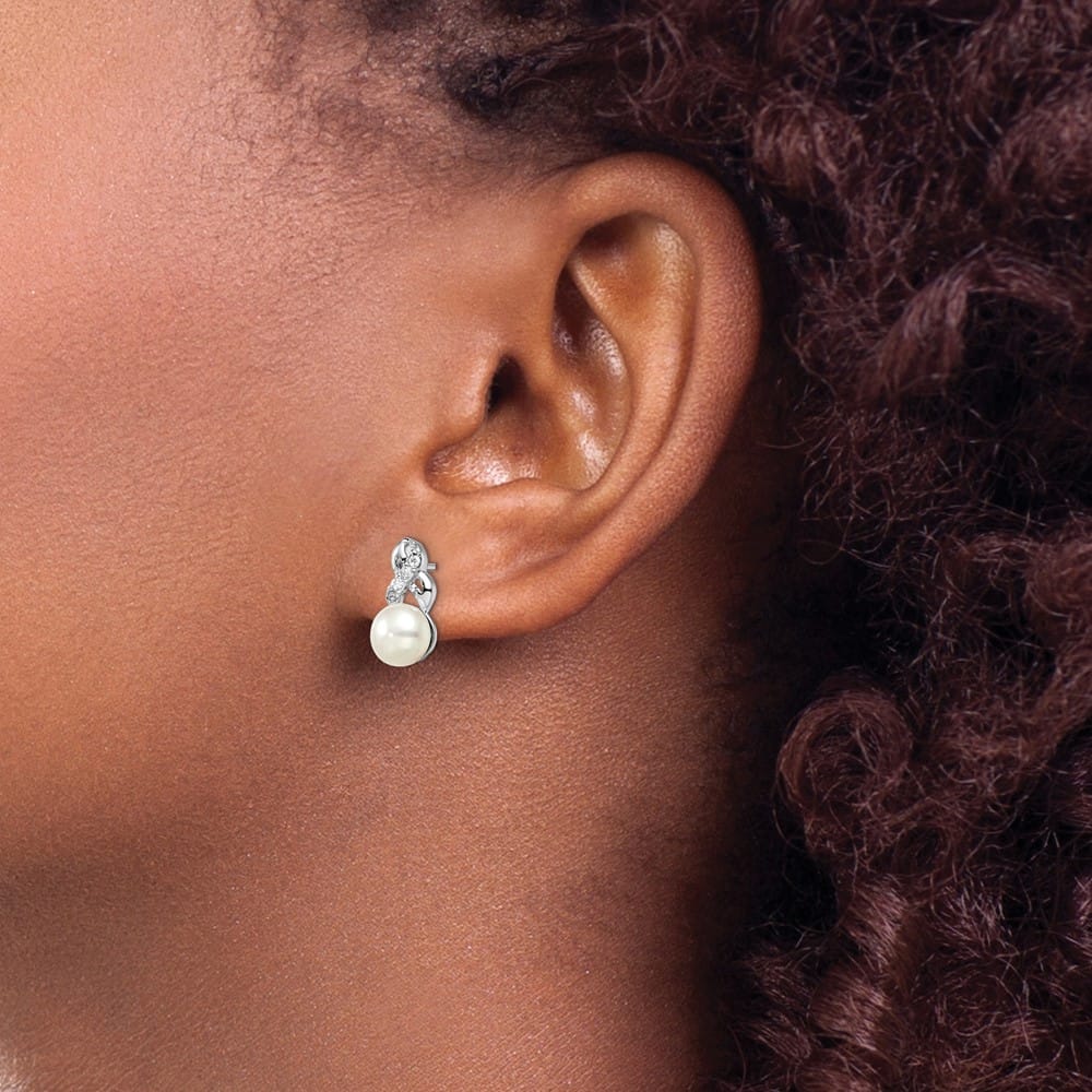 Sterling Silver 6-7mm White Button Pearl and CZ Post 13 mm Earrings, view 3 of 4