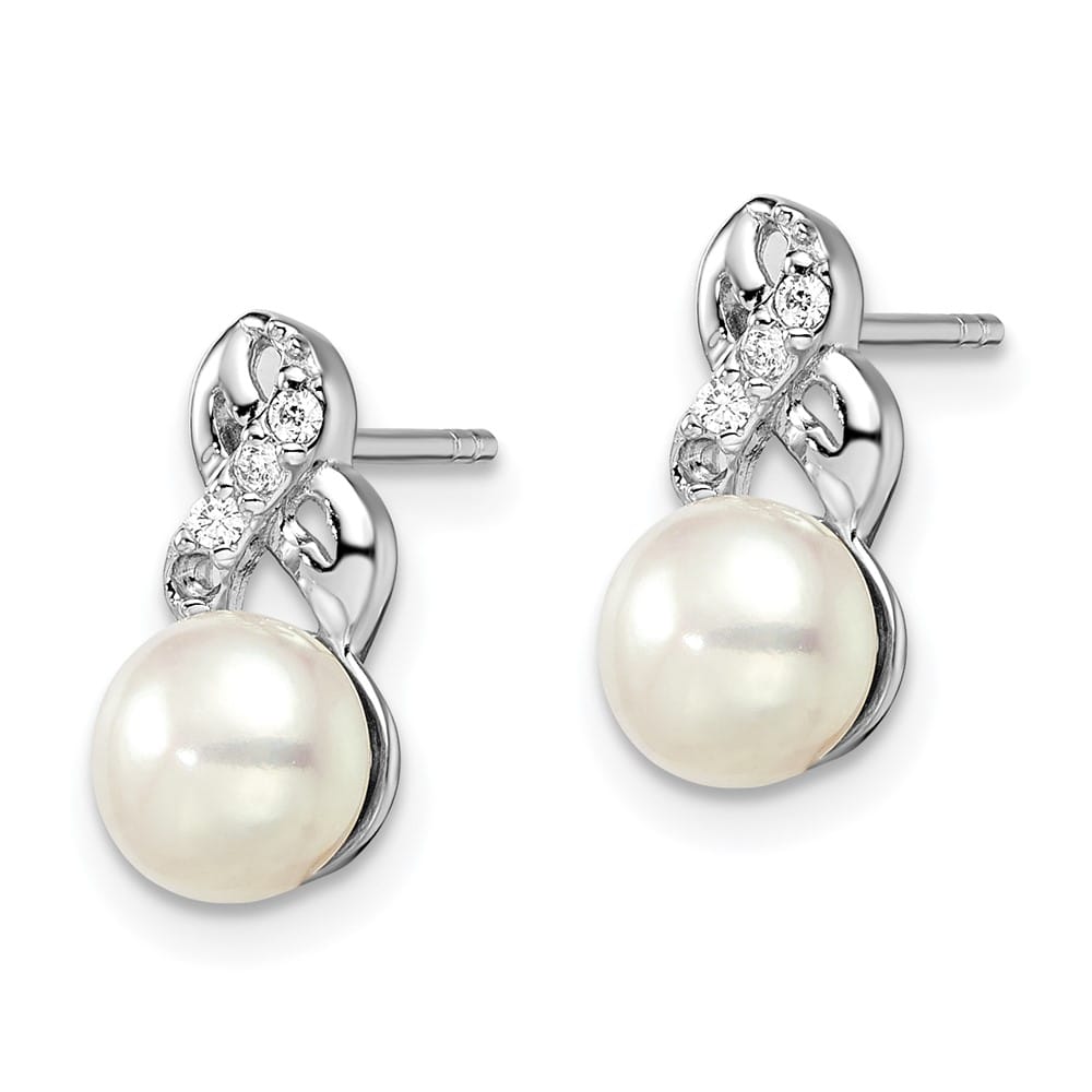 Sterling Silver 6-7mm White Button Pearl and CZ Post 13 mm Earrings, view 2 of 4