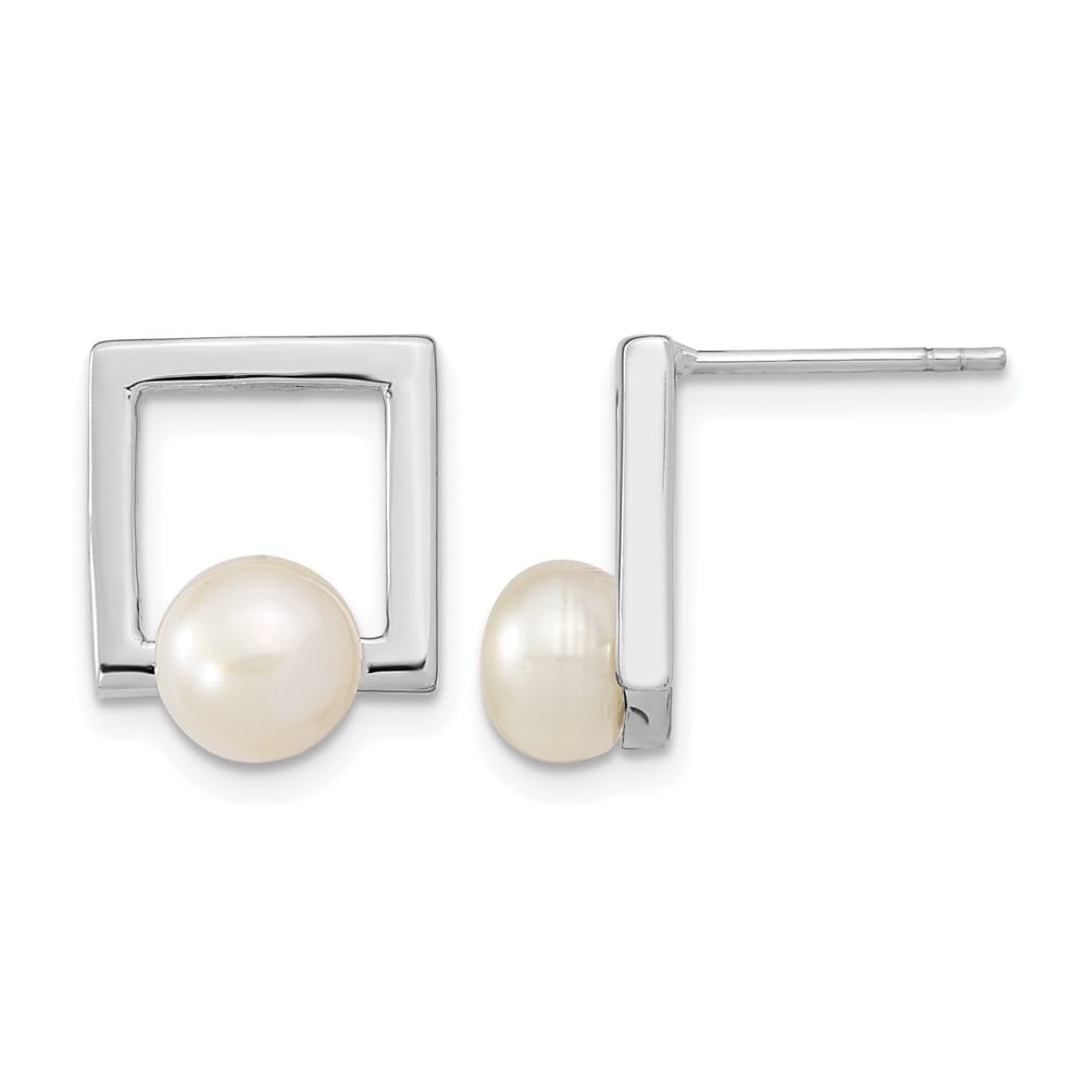 Sterling Silver 6-7mm White Button Pearl Square Post Earrings, view 1 of 4