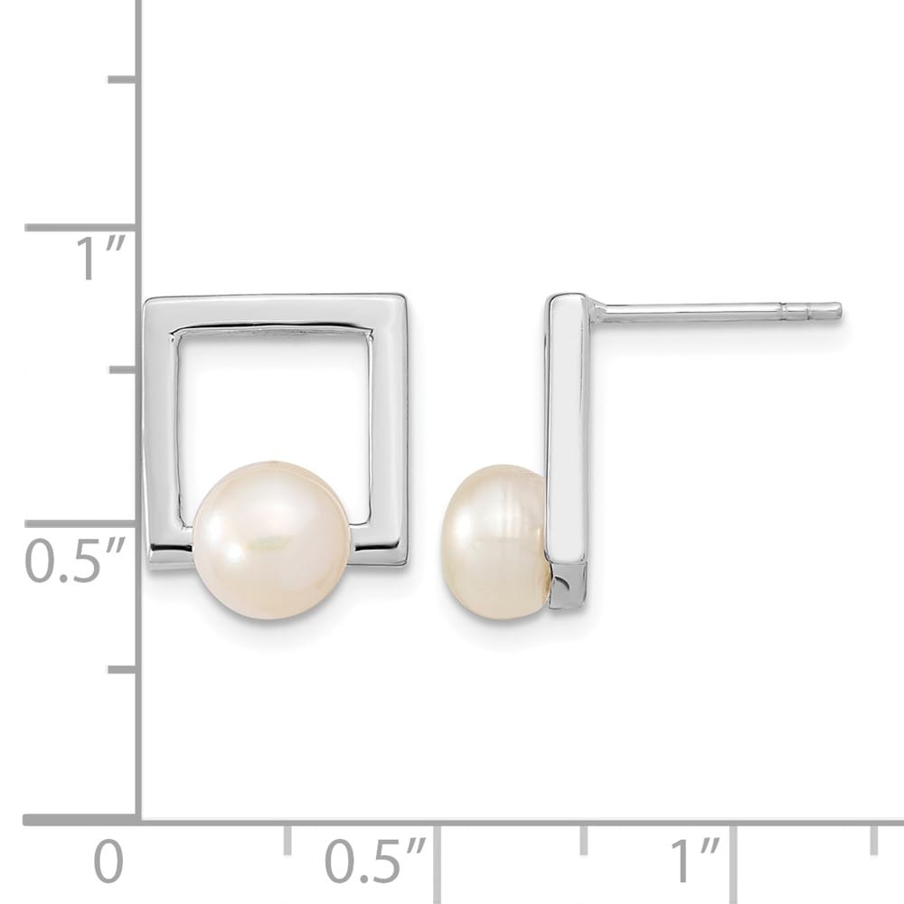 Sterling Silver 6-7mm White Button Pearl Square Post Earrings, view 4 of 4