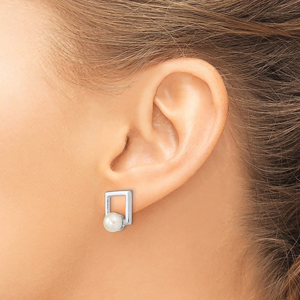 Sterling Silver 6-7mm White Button Pearl Square Post Earrings, view 3 of 4