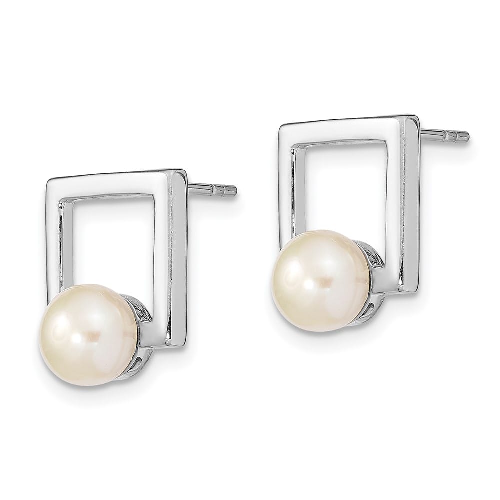 Sterling Silver 6-7mm White Button Pearl Square Post Earrings, view 2 of 4
