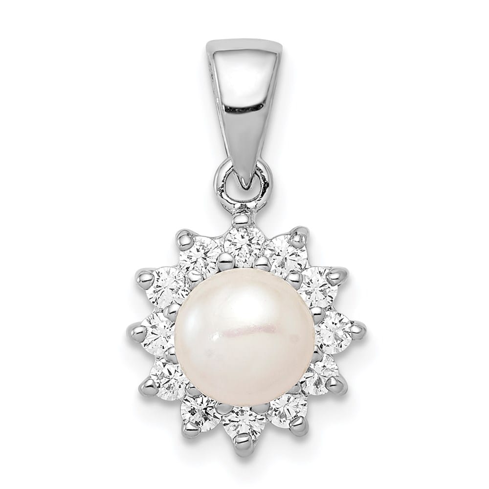 Sterling Silver 6-7mm White Cultured Pearl and CZ Pendant