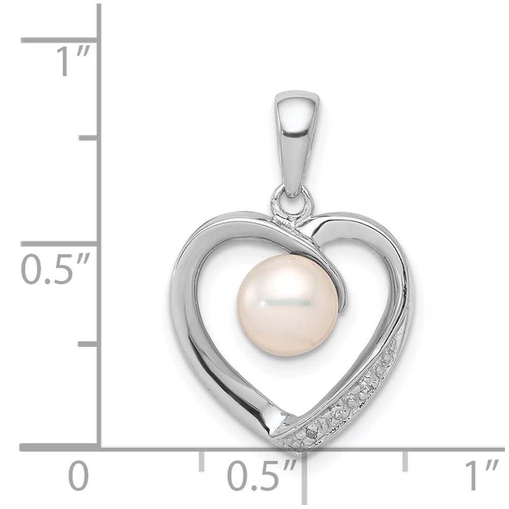 Sterling Silver 6-7mm White Cultured Pearl and Diamond Heart Pendant