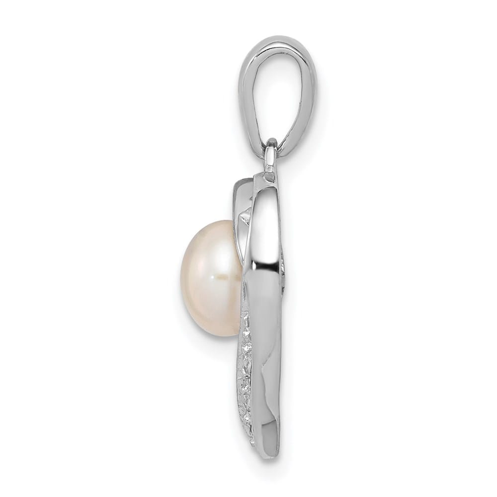 Sterling Silver 6-7mm White Cultured Pearl and Diamond Heart Pendant