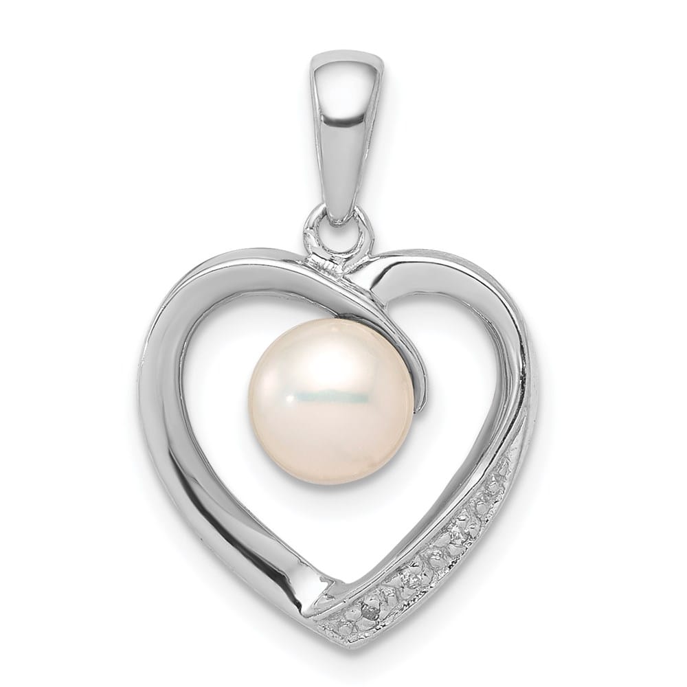 Sterling Silver 6-7mm White Cultured Pearl and Diamond Heart Pendant