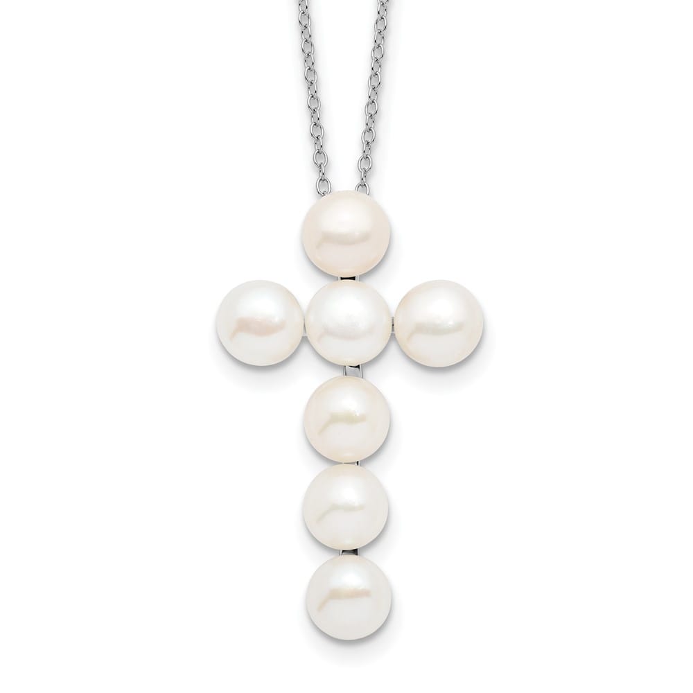 Sterling Silver 6-7mm White Cultured Pearl Cross 17 inch Necklace