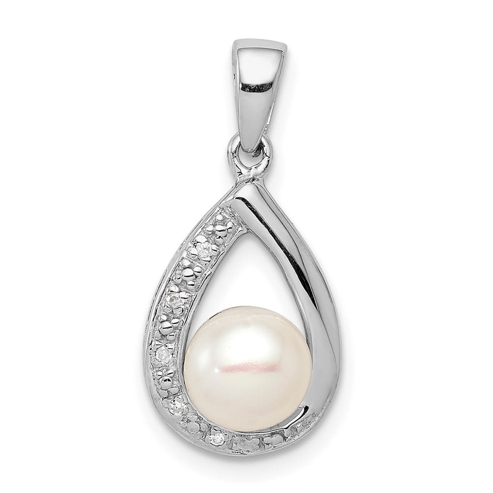 Sterling Silver 6-7mm White Pearl and Diamond Pendant (0.020 ct)