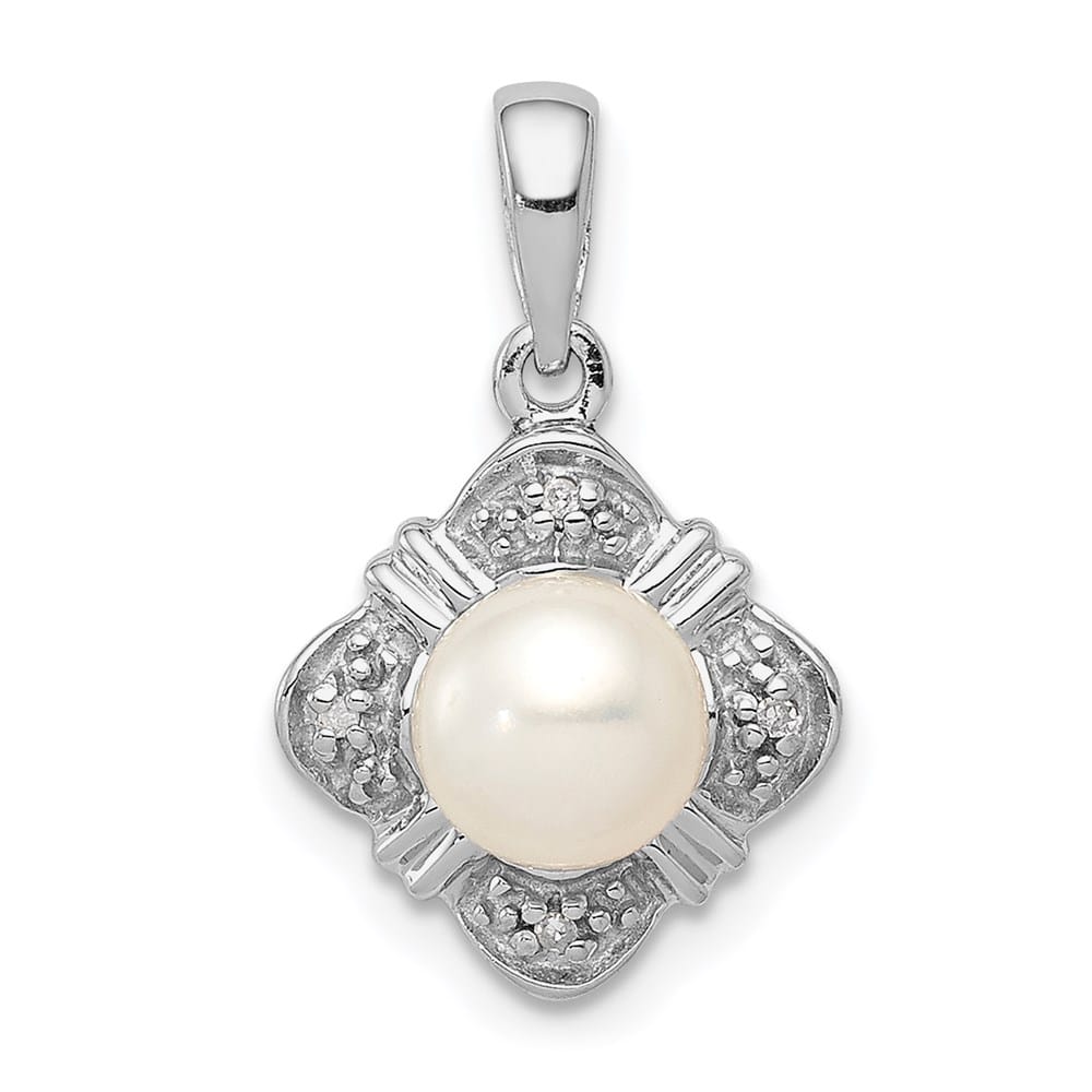 Sterling Silver 6-7mm White Pearl and Diamond Pendant (0.130 ct)