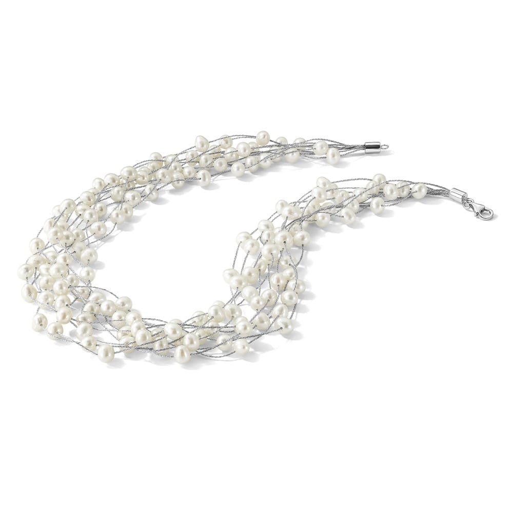 Sterling Silver 6-8mm Cultured Pearl Multi Strand 15 inch Necklace