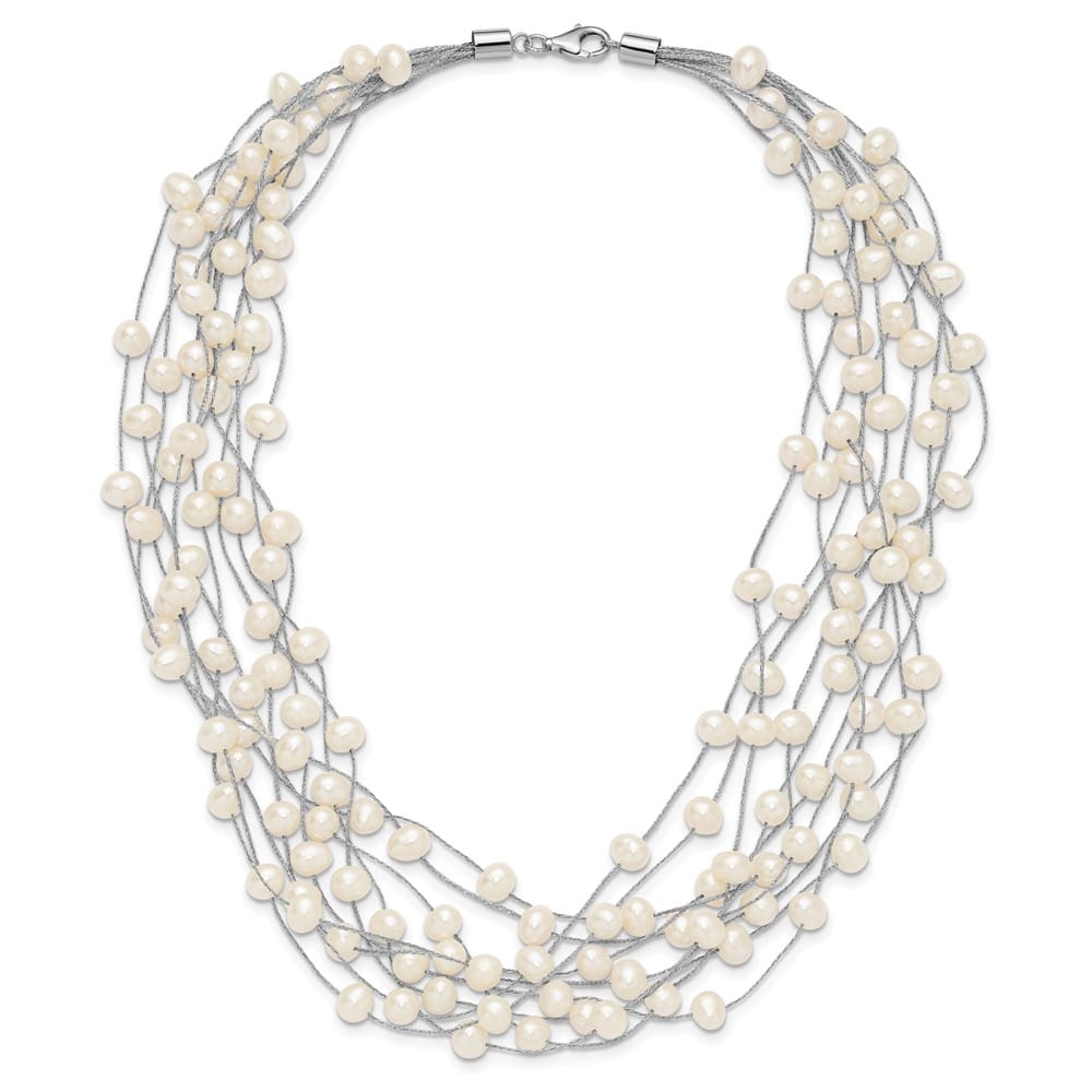 Sterling Silver 6-8mm Cultured Pearl Multi Strand 15 inch Necklace