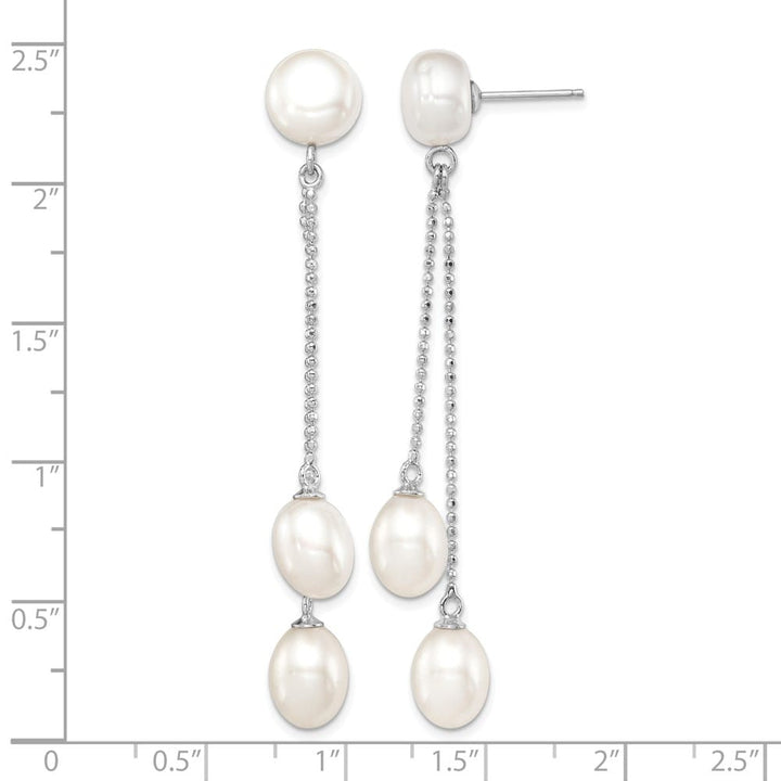 Sterling Silver 6-9mm White and Button 3-Pearl Post Dangle Earrings, view 4 of 4