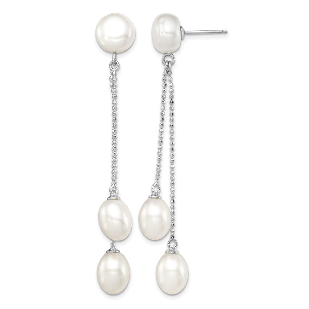 Sterling Silver 6-9mm White and Button 3-Pearl Post Dangle Earrings, view 1 of 4