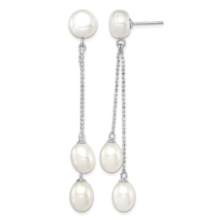 Sterling Silver 6-9mm White and Button 3-Pearl Post Dangle Earrings, view 1 of 4