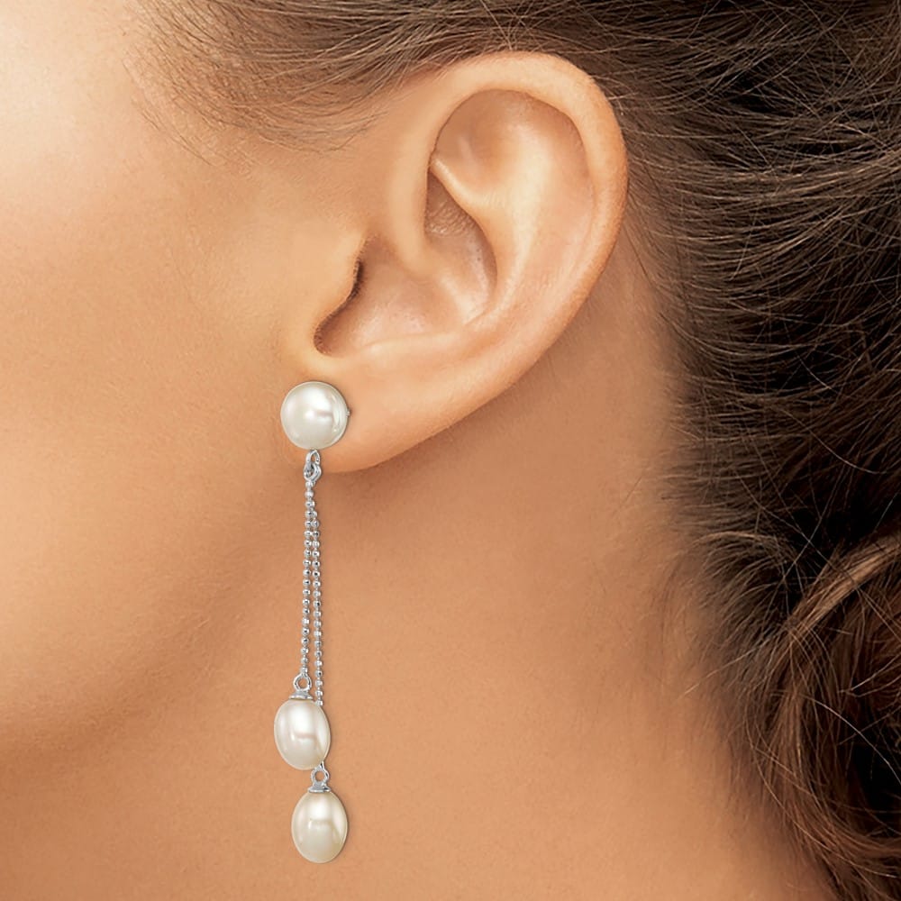Sterling Silver 6-9mm White and Button 3-Pearl Post Dangle Earrings, view 3 of 4