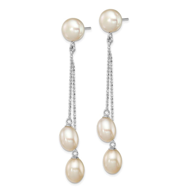Sterling Silver 6-9mm White and Button 3-Pearl Post Dangle Earrings, view 2 of 4