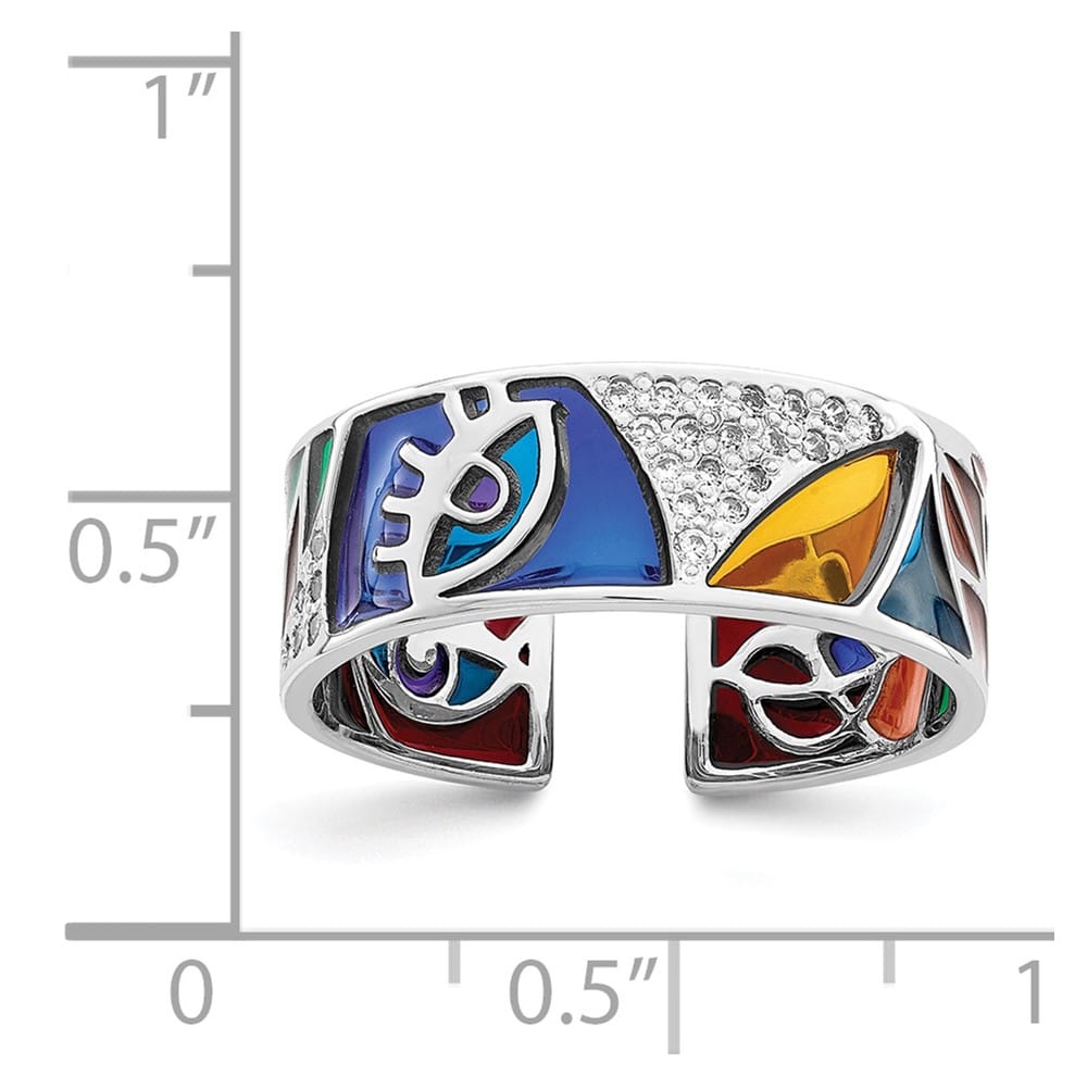 Sterling Silver 7.37 mm Abstract Multi-color Enamel & CZ Cuff Ring