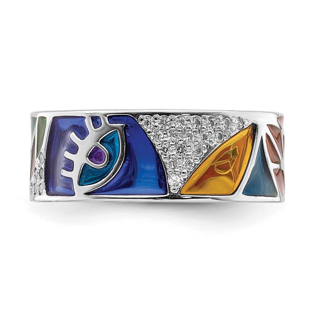 Sterling Silver 7.37 mm Abstract Multi-color Enamel & CZ Cuff Ring