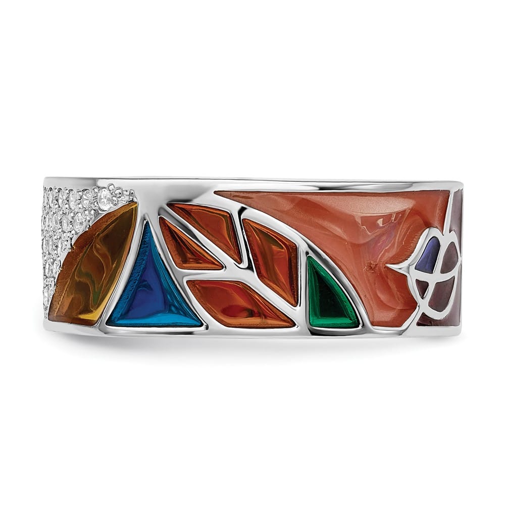 Sterling Silver 7.37 mm Abstract Multi-color Enamel & CZ Cuff Ring