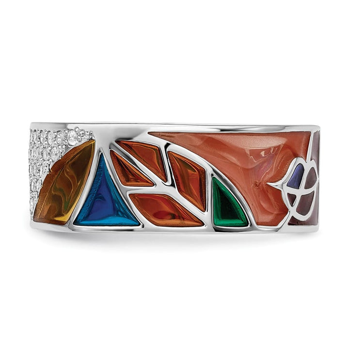Sterling Silver 7.37 mm Abstract Multi-color Enamel & CZ Cuff Ring